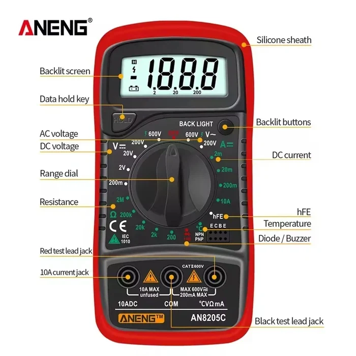 Мультиметр ANENG AN8205C Цифровий із LCD-дисплеєм та Термопарою